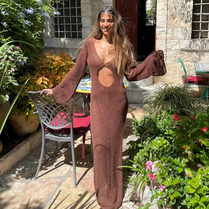 Solid Colour Beach Maxi Dress 2025 Women Summer Sexy Knit Flared Long Sleeve Slit Cut Out Swimsuit Cover Up Holiday Outfits K120 Luxlife Brands