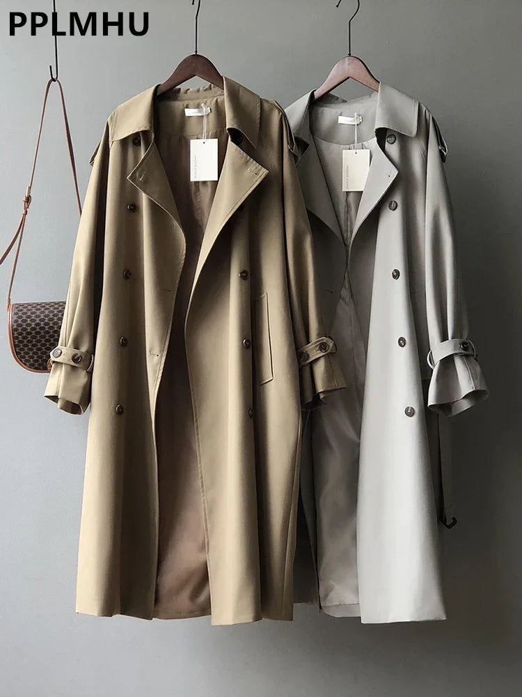 Khaki Double Breasted Long Trench Coats Women Casual Loose Korean Gabardina New Lapel Classic Oversized Windbreaker Jackets LUXLIFE BRANDS