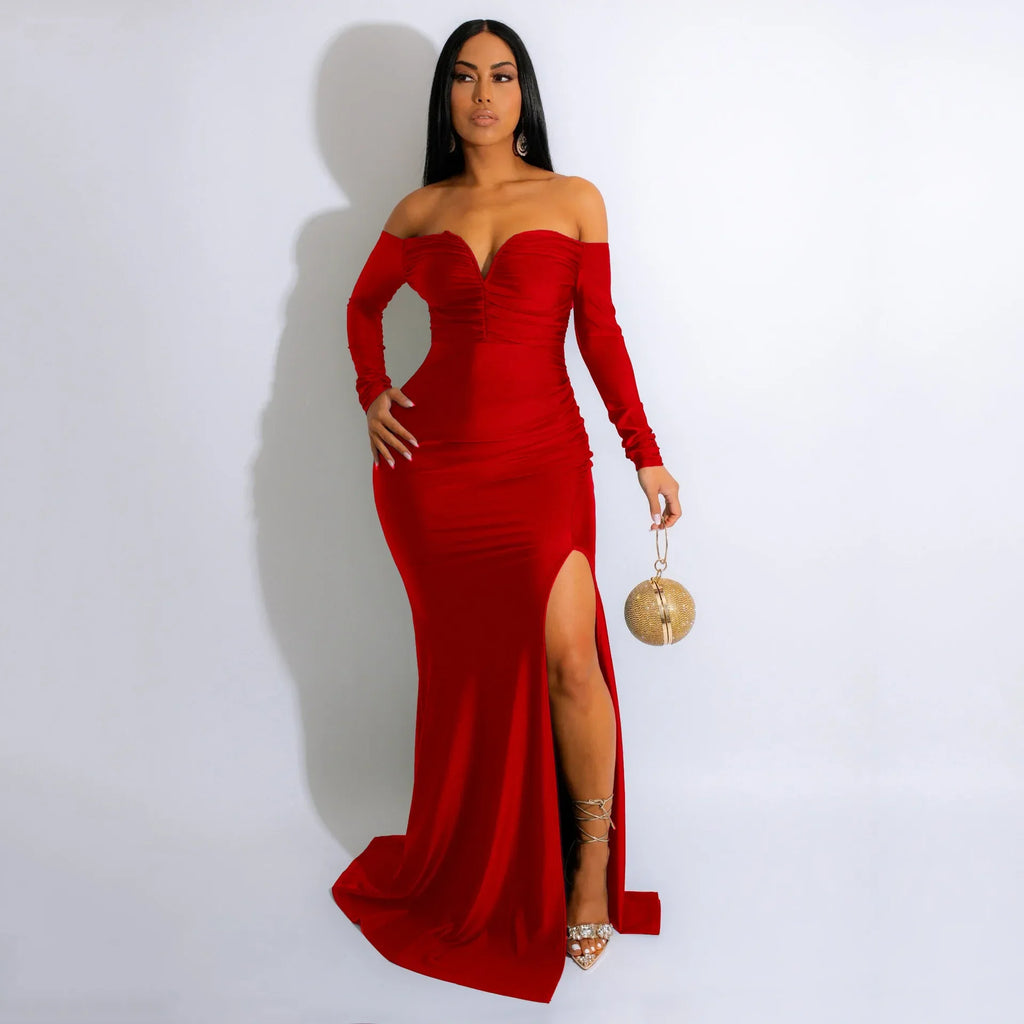 LUX V Neck Off Shoulder Bodycon Evening Gown