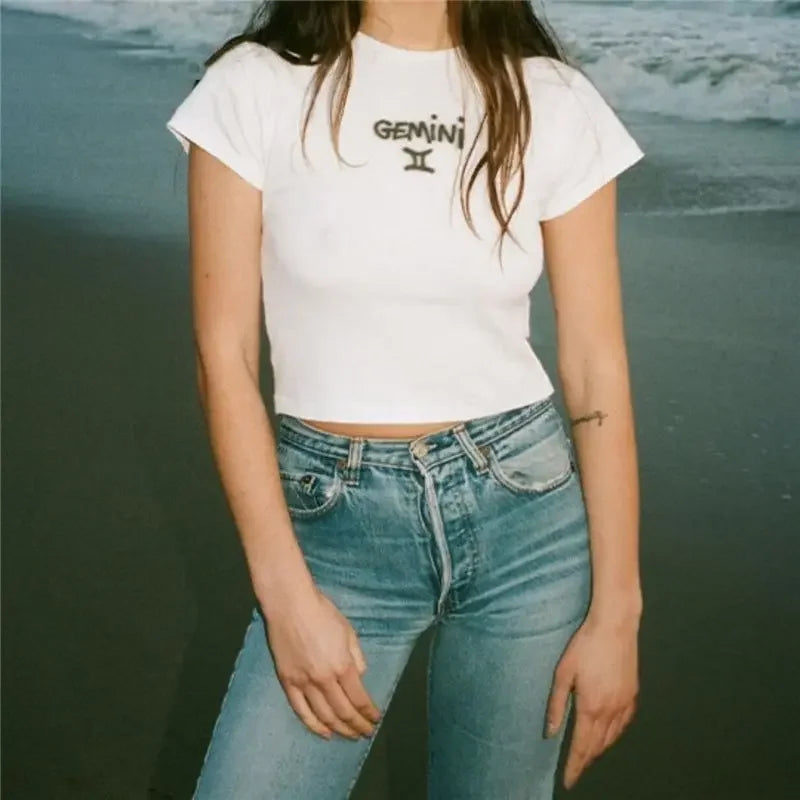 Y2K Baby T-shirt Slim Zodiac Sign Fitted Cropped Ribbed T-shirt crop top Cute Kawaii Tee Sexy Cap Sleeve Summer fairy grunge LUXLIFE BRANDS