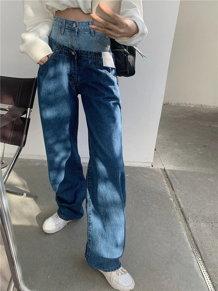 Stylish Fake Two Piece Jeans Women Patchwork Daddy Pants Female Baggy Jeans American Fashion Vintage Denim Pants Trousers Street LUXLIFE BRANDS