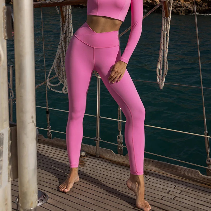 Black Square Neck Tight High Elastic Skinny Yoga Sports Long Sleeves Fashion Compression Pants Fitness Leggings Workout Tights