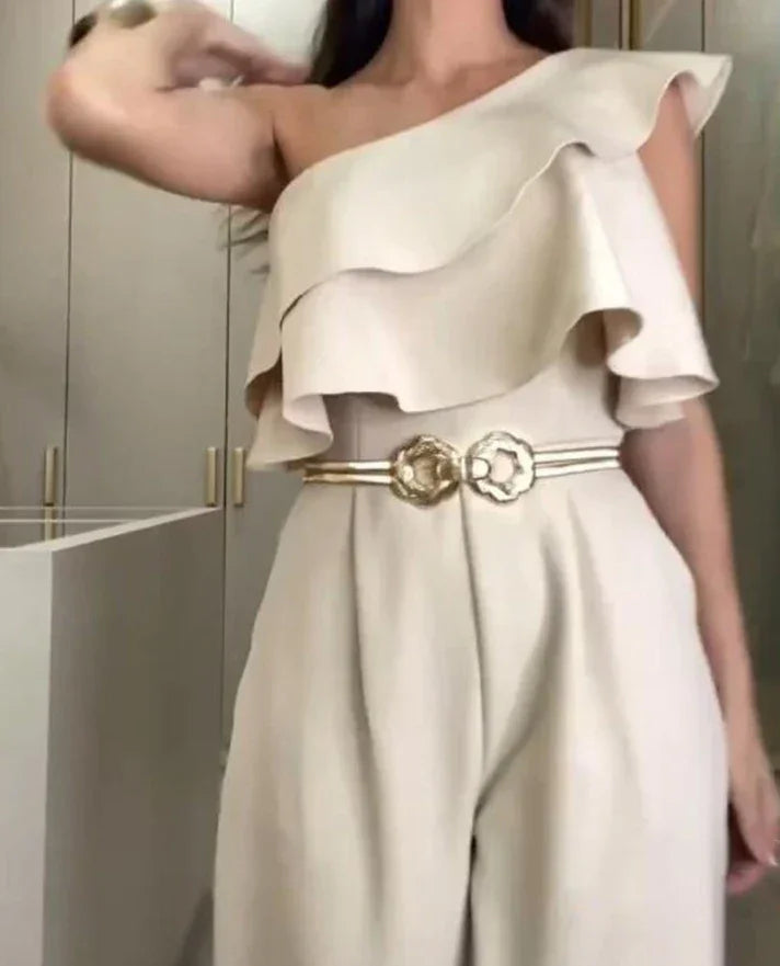 Jumpsuit Women 2024 Summer Fashion Ruffle Hem One Shoulder Casual Plain Sleeveless Daily Long Wide-Leg Jumpsuit Without Belt - LUXLIFE BRANDS