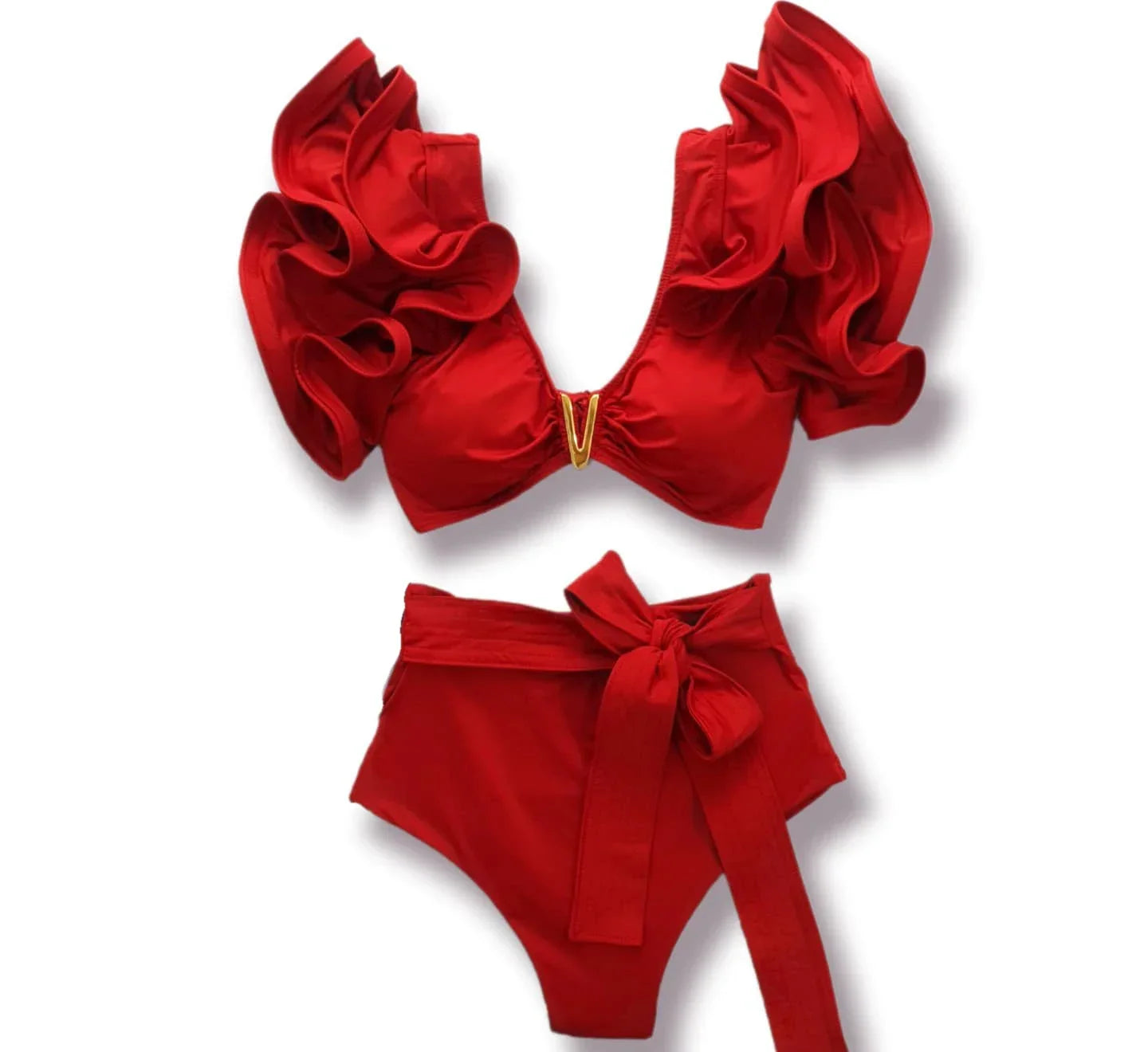 2024 Sexy Bikini Set Women High Waist Classic Off Solid Ruffle Sleeves Swimwear Red Separate Deep V Swimsuit Vintage Beach Set