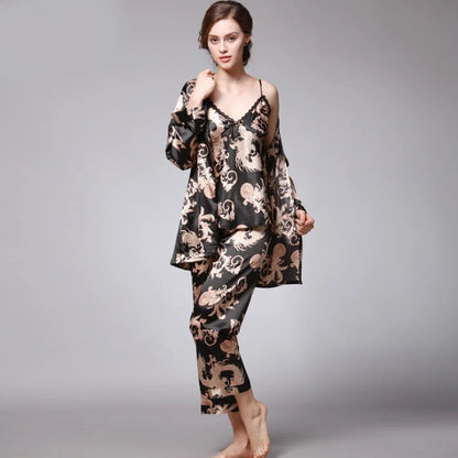 Women's Silk Satin Pajamas Set 3 Pcs Floral Silky Pj Sets Sleepwear Cami Nightwear with Robe and Pant