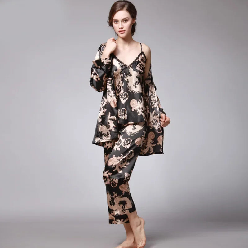 Women's Silk Satin Pajamas Set 3 Pcs Floral Silky Pj Sets Sleepwear Cami Nightwear with Robe and Pant Luxlife Brands