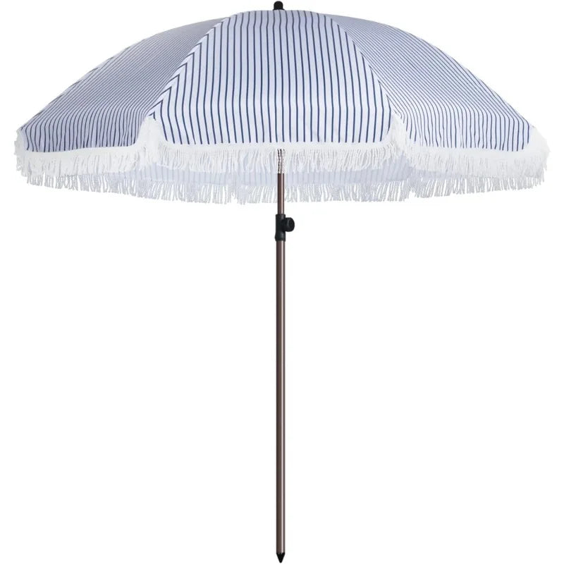 7.5Ft Patio Beach Umbrella with Fringe, UPF50+ with Push Botton Tilt & Crank