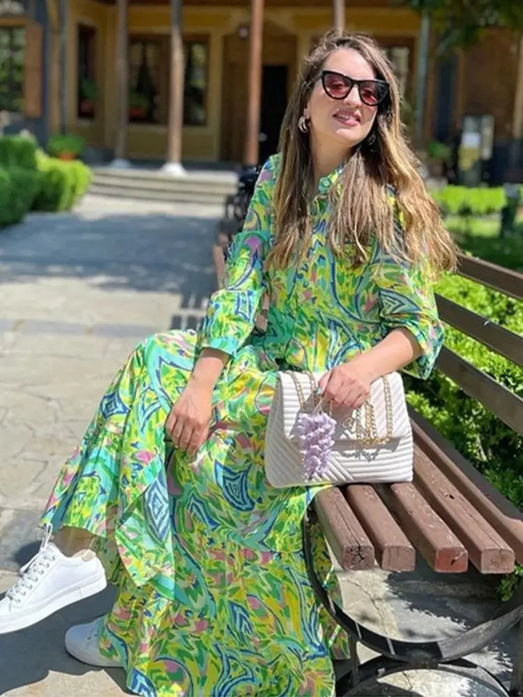 Foridol Paisley Print Shirt Dress Elegant Autumn Spring Green Dress Floral Print Boho Female Maxi Dress Long Sleeve Dress 2023