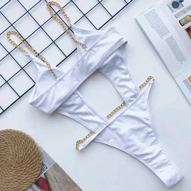 Sexy Metal Chains String High Cut One Piece Swimsuit Women Swimwear Female Monokini Tummy Cut Out Bathing Suit Swim Beach Wear