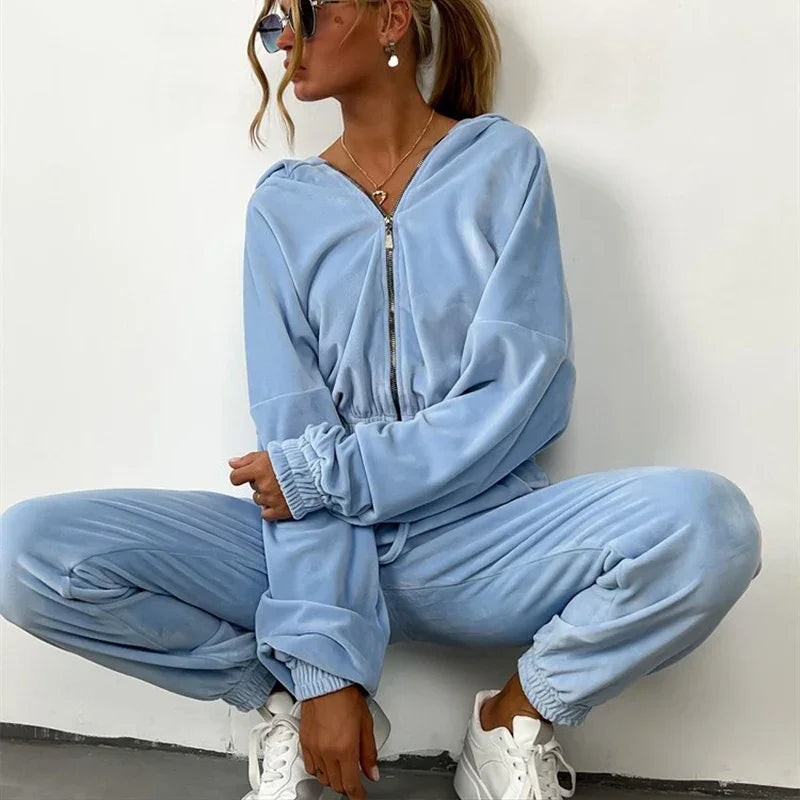 Women's Fall and Winter 2024 hot fashion set zipper hoodie Drawstring Tracksuit Trouser Solid color Two-piece set