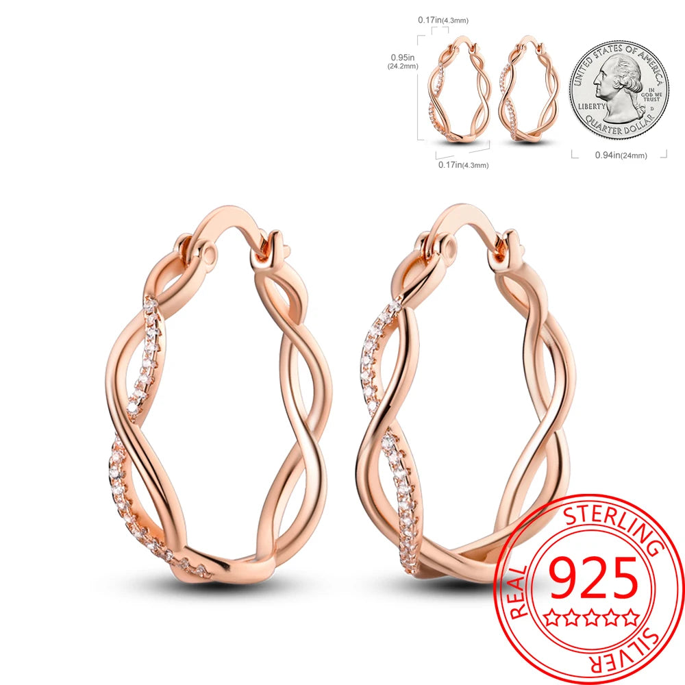 925 Sterling Silver Rose Gold Earrings Double White Pavé Earrings for Women's Beer Party Exquisite Jewelry Matching