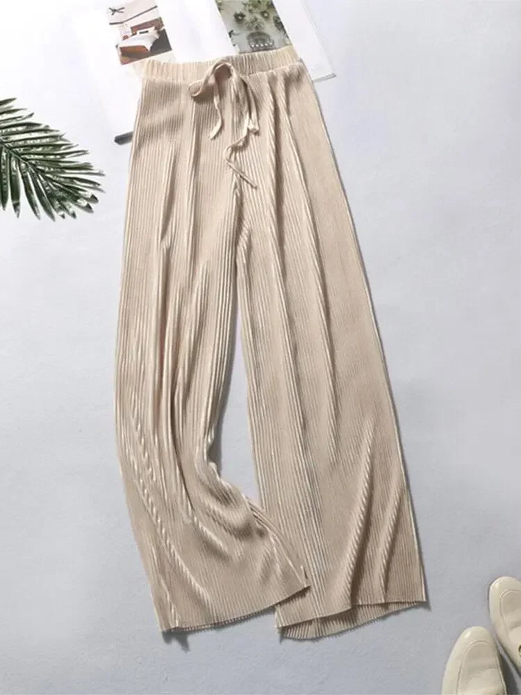 Summer Wide Leg Pants For Women Casual Elastic High Waist 2020 New Fashion Loose Long Pants Pleated Pant Trousers Femme
