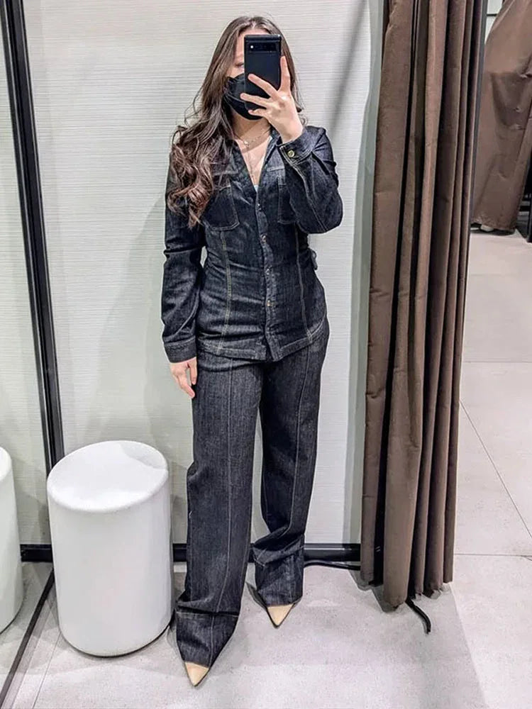 Street Vintage Denim Pants Sets Women Slim Long Sleeve Lapel Single Breasted Jacket Straight Trousers 2025 Spring Lady Outfits