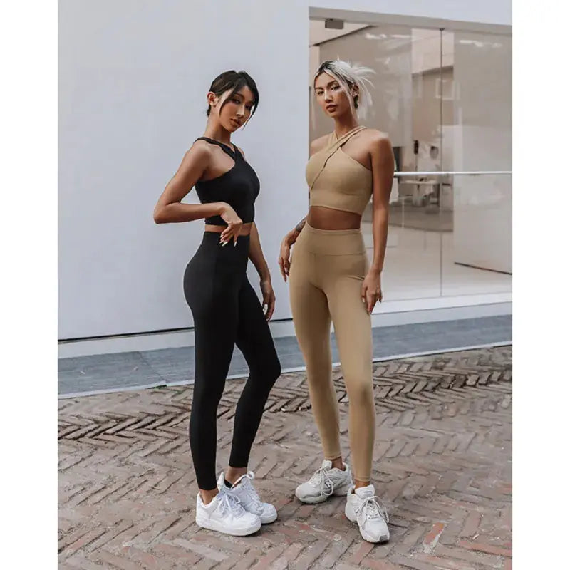 Women's 2-piece Sports Suit With Logo Two Piece Yoga Set Fitness Running Yoga Suit Seamless Leggings Front Cross Sexy Bra - LUXLIFE BRANDS