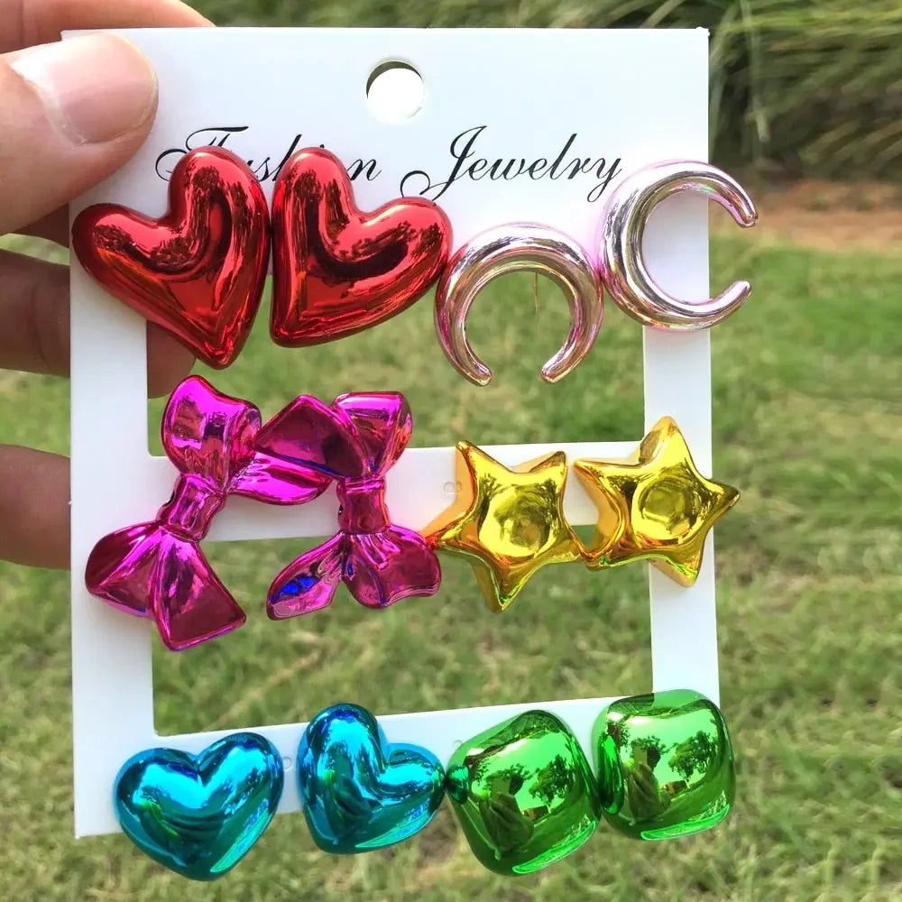 New 6 pair/set Metallic Color Acrylic Y2K Stud Earrings for Women Rock Heart Moon Star Bowknot Square Earring Korea Jewelry Sets