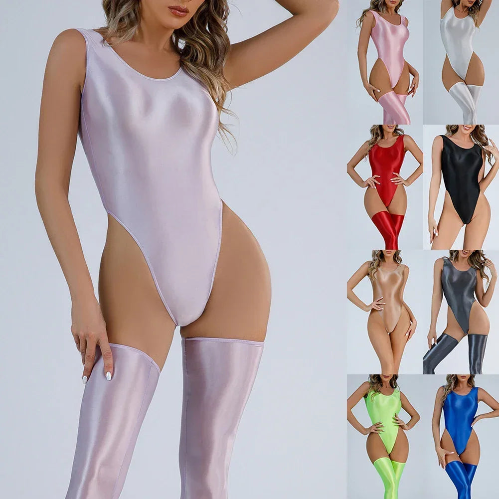 Women Sexy Oil Shiny Bodysuit Strap Solid Swimsuit High Cut Bikini Thong Leotard Thin Smooth Jumpsuit Summer Breath Nightwear