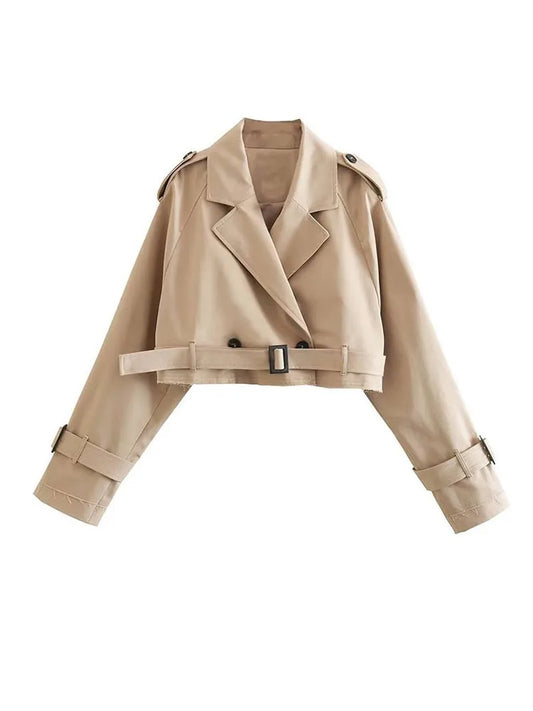 Khaki Cropped Trench Women Long Sleeves Cropped Design Jacket Chic Lady High Street Casual Loose Coats Top Female 2023 New