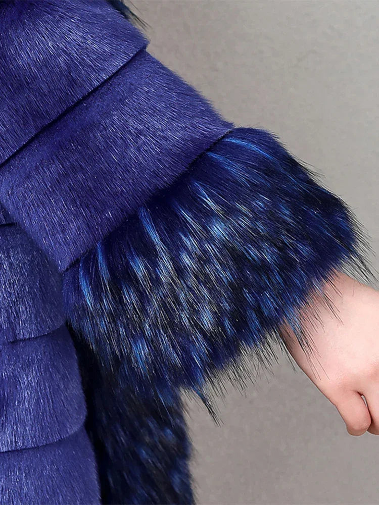 Nerazzurri Winter Long Striped Warm Sapphire Blue Luxury Fluffy Faux Mink Fur Coat with Fox Fur Trim European Overcoat Fashion LUXLIFE BRANDS