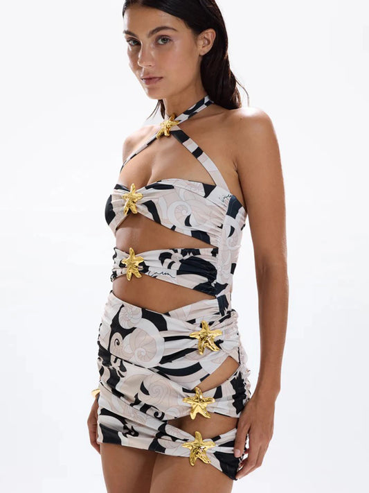 2024 Hot Sale Flower Decoration Women One Piece Swimsuit With Short Skirt Sexy Cut Out Bodysuit Swimwear Fashion Beach Suit