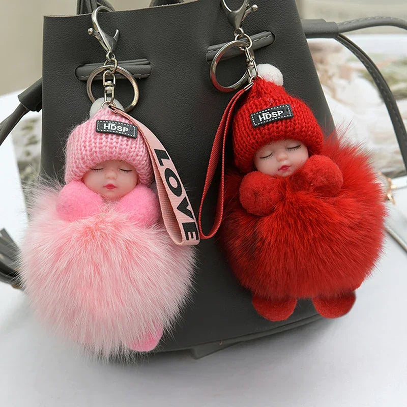 Pompom Sleeping Baby Keychain Cute Fluffy Plush Doll Keychains Women Girl Bags Keyrings Cars Key Ring Gift Charming Decoration LUXLIFE BRANDS