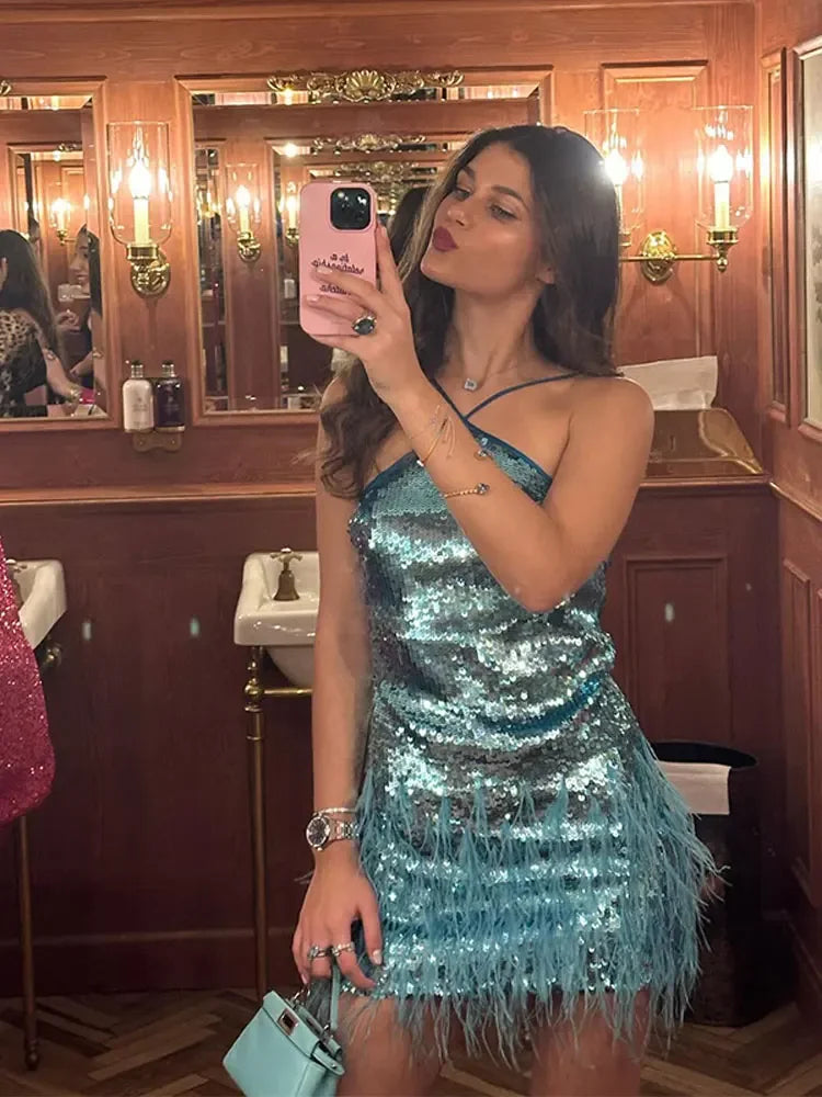 Women's Lux Green Sequin Halter Mini Dress LUXLIFE BRANDS