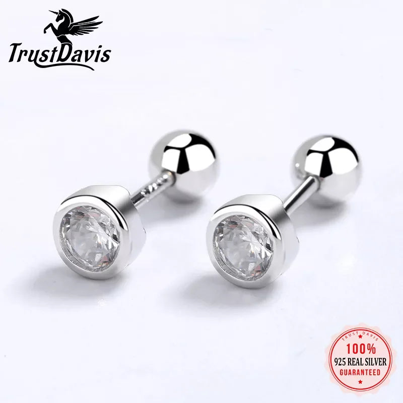 Trustdavis Real 925 Sterling Silver Fashion Round 4/5/6mm CZ Beads Screw Stud Earrings For Women Wedding Fine Jewelry DA2269 LUXLIFE BRANDS