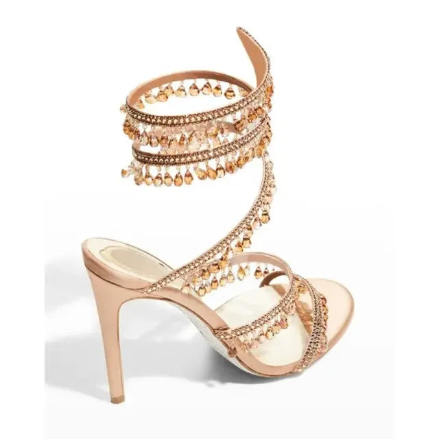 Rhinestone Snake Wrap Sandals Solid Designer Summer Shoes Open Toe Fringes Stiletto Heel Hollow Sandals Women Party Prom Fashion