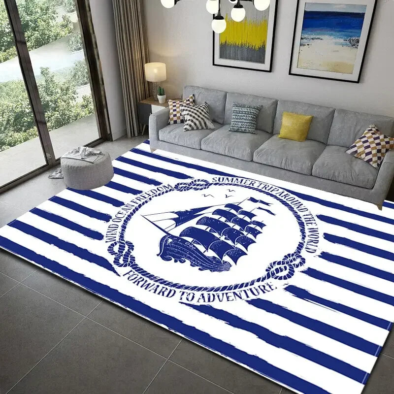 Dark Blue Stripe Ocean Lighthouse Area Rug Anchor Boat Decor Carpet Floor Mat Soft Carpet for Living Room Bathroom Kitchen