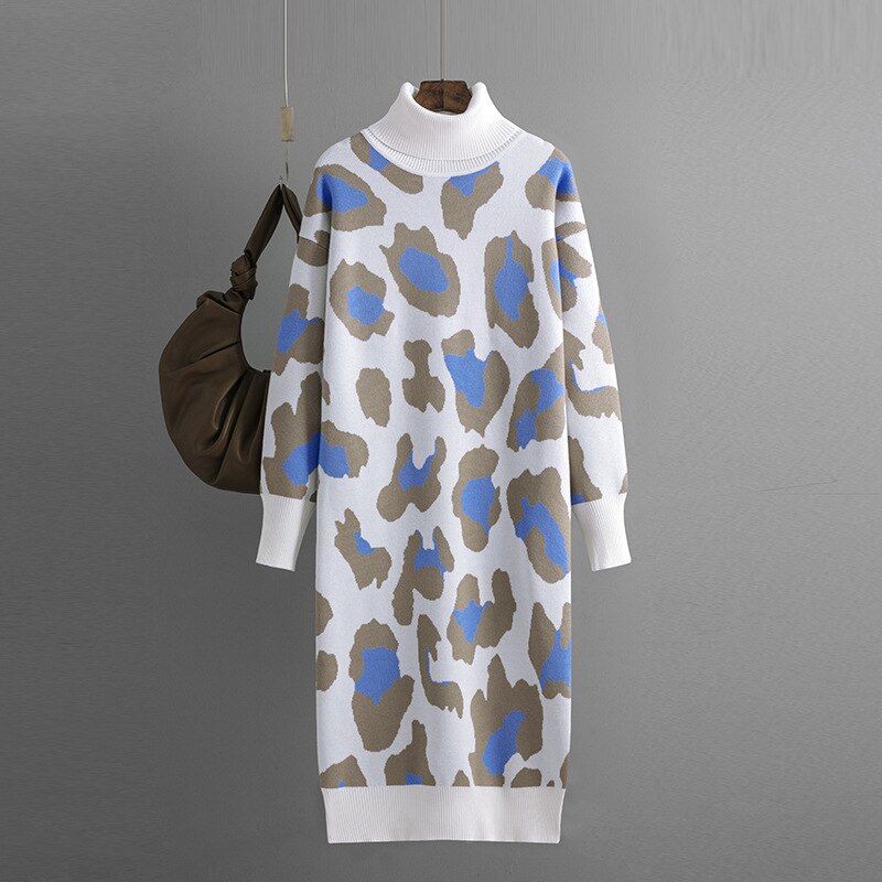 Designer Casual Sweater Warm Dress Autumn New Turtleneck Bottom Knitted Dress Fashion Leopard Pattern Long Sweater Dress Winter