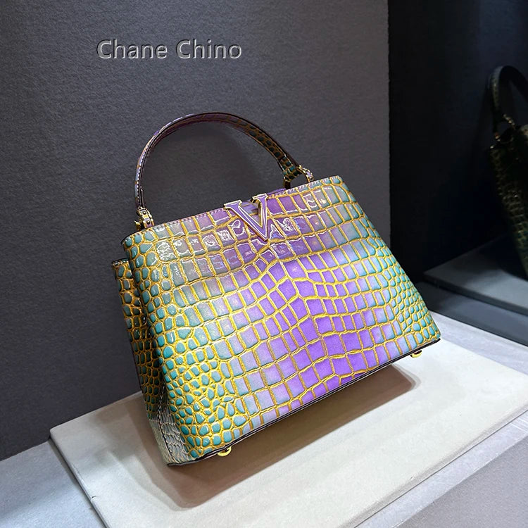 Lux Leather Gradient Croc Pattern Handbag