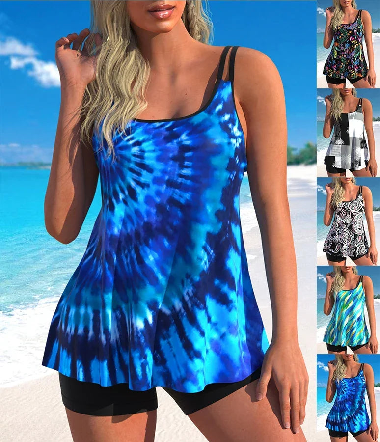 New Summer Women's Blue Halo Printed Vest and Shorts Two-piece Swimsuit Lace Up Sexy Beach Set S-6XL