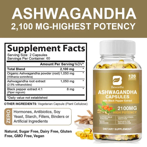 BEWORTHS Ashwagandha Root Extract Capsule Help Sleep Improve Sleep Quality Calm Down Emotions Relieve Anxiety Mood Health Luxlife Brands