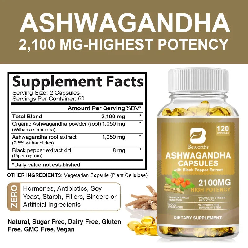 BEWORTHS Ashwagandha Root Extract Capsule Help Sleep Improve Sleep Quality Calm Down Emotions Relieve Anxiety Mood Health Luxlife Brands