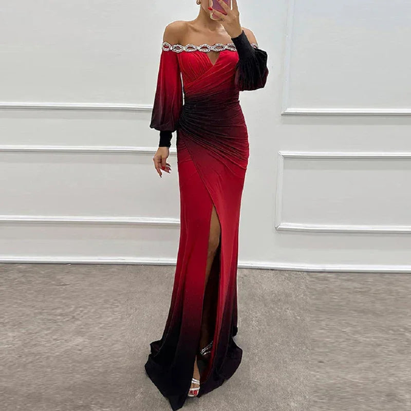 Fashion Patchwork High Waist Dress  Casual Contrasting Color Pleated Slim Long Dress New Off Shoulder Lantern Sleeve Party Dress Luxlife Brands