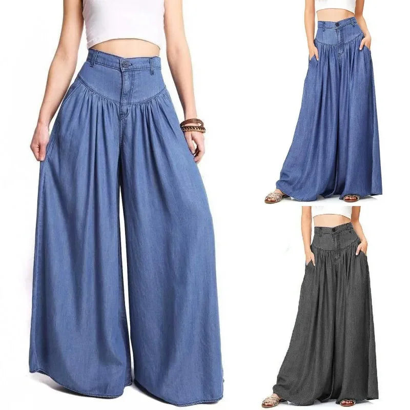 Women's Casual Cotton Linen Jeans Fashion Solid Colour Wide-leg Pants Ladies Loose Plus Size High Waist Long Trousers LUXLIFE BRANDS