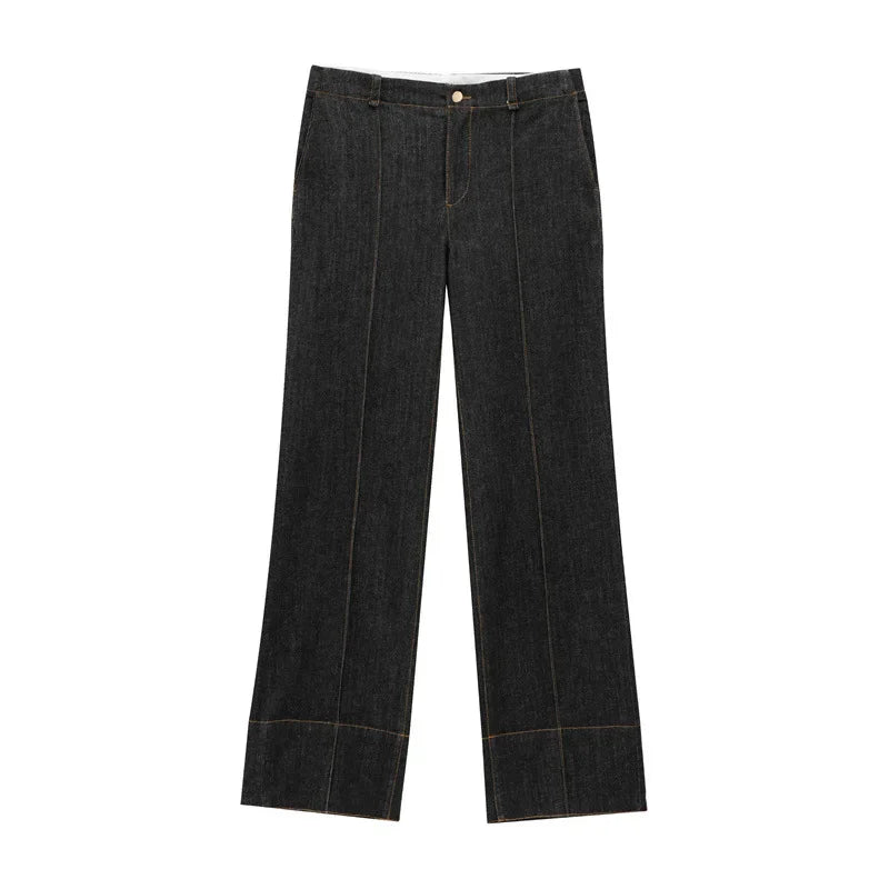 Street Vintage Denim Pants Sets Women Slim Long Sleeve Lapel Single Breasted Jacket Straight Trousers 2025 Spring Lady Outfits