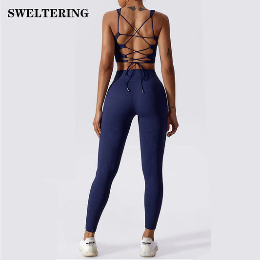 Yoga Set Womens Workout Sets 2 Piece Seamless Ribbed Yoga Outfits Backless Strappy Sports Bra Cross Waist Booty Leggings Gym LUXLIFE BRANDS