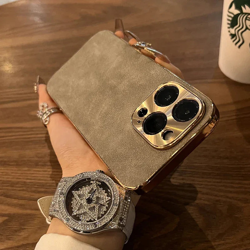 Sheepskin Phone Case For iPhone 15 11 13 12 14 16 Pro Max Plus Plating Bumper Turn Fur Lambskin Leather Metal Lens Phone Cover