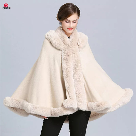 Soft Faux Rex Rabbit Fur Cape Coat Hooded Cloak Women Knit Cashmere Cardigan Double Collar EuropeStyle Loose Fur Overcoat Winter LUXLIFE BRANDS