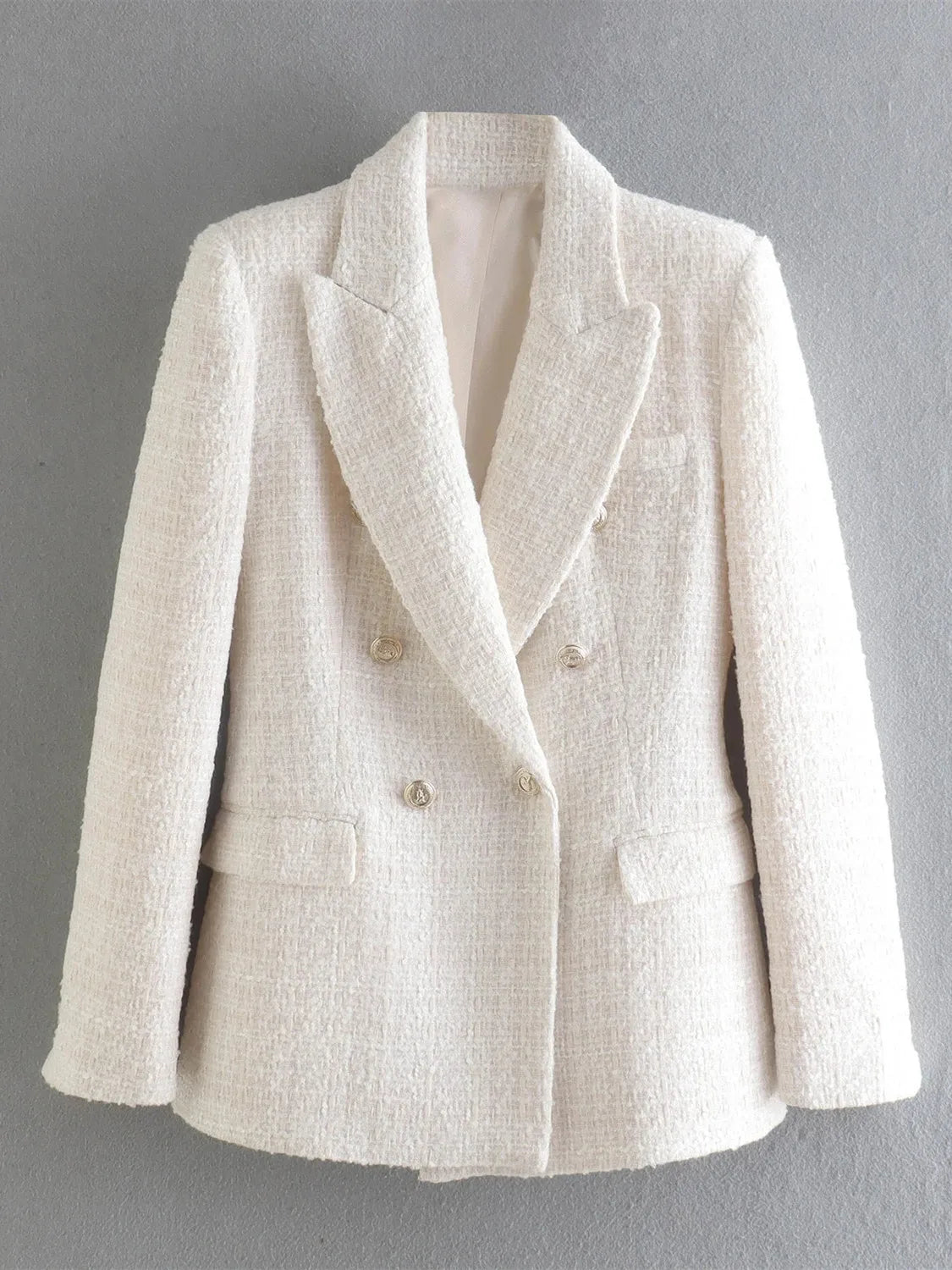 Women’s Double Breasted Button Up Beige Tweed Blazer LUXLIFE BRANDS