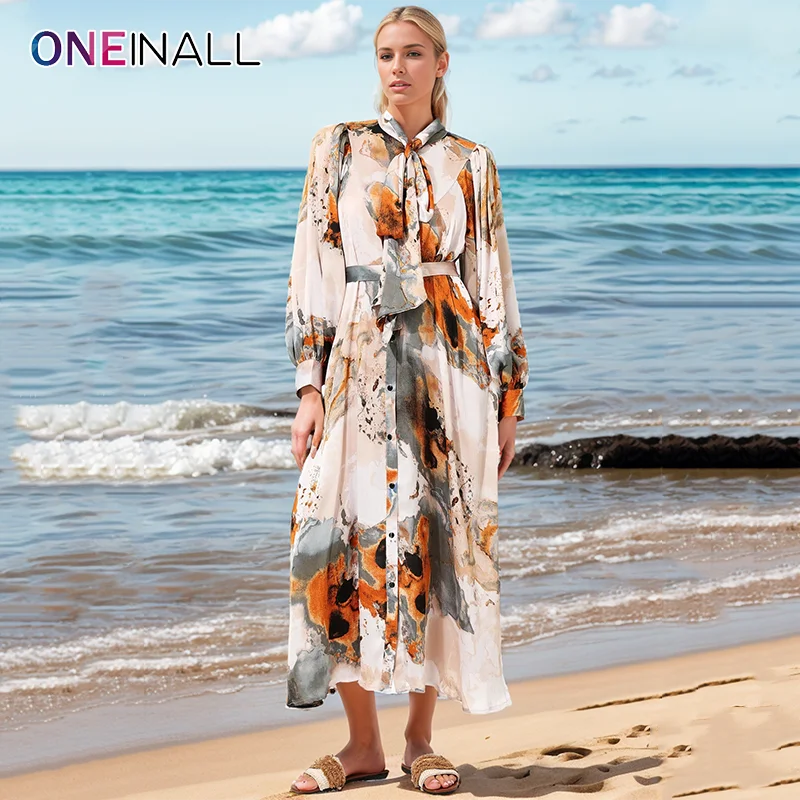 ONEINALL Hit Color Print Maxi Dresses For Women Scarf Collar Long Sleeve High Waist Pleated Elegant Dress Female Autumn Clothing