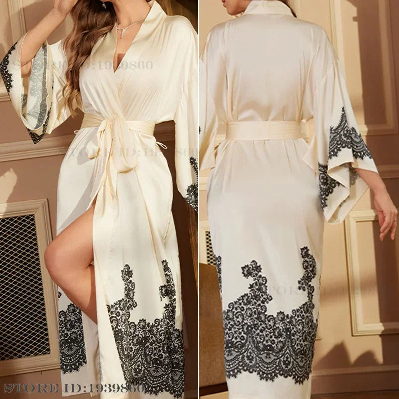 New Long Robe Women's Sleepwear Print Flower Kimono Bathrobe Gown Yukata Loose Silk Satin Nightdress Homewear Intimate Lingerie