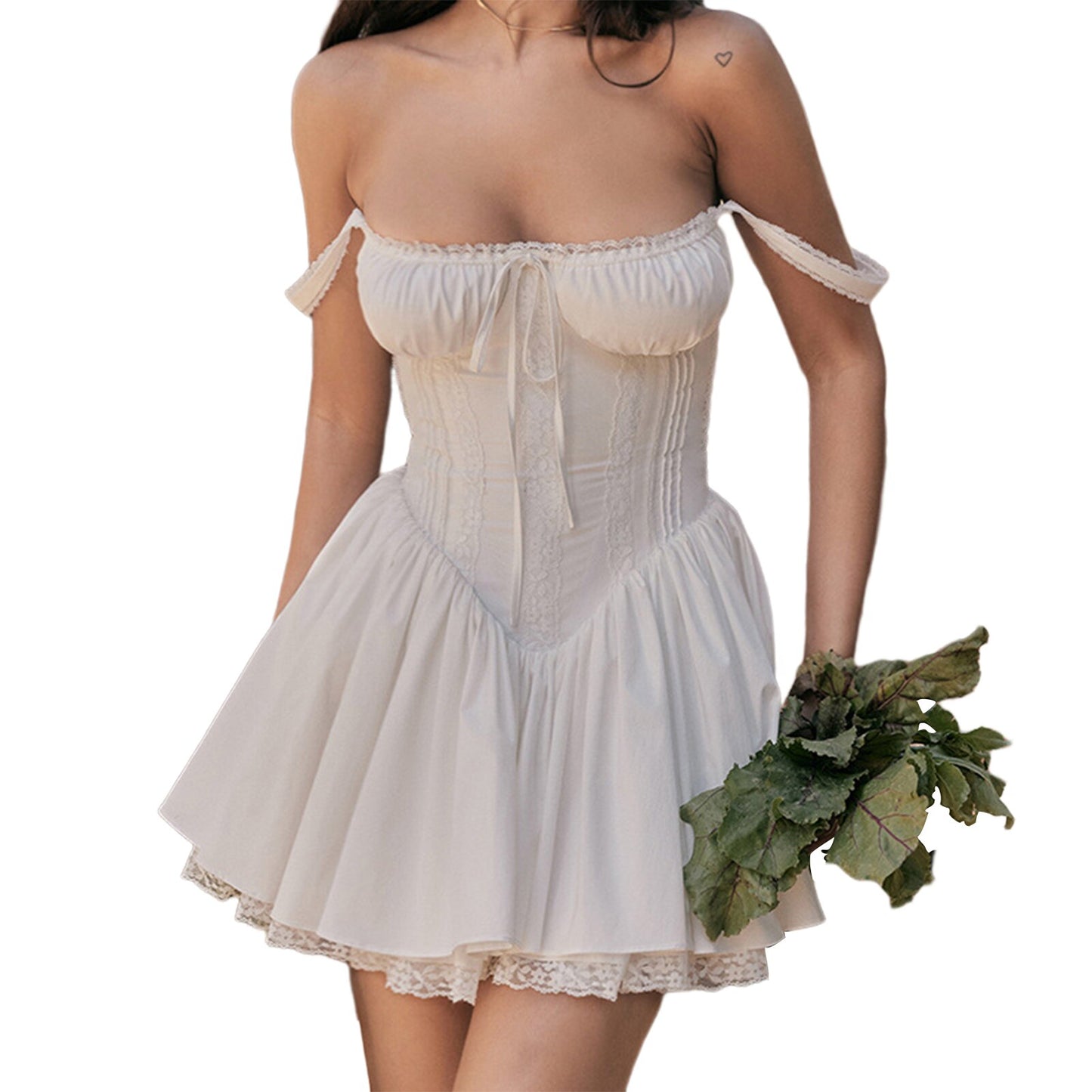 2023 Sexy Solid White Stitching Lace Bra Corset style Spaghetti Strap Mini Dress Women Backless Party Skater Short Sling Robe