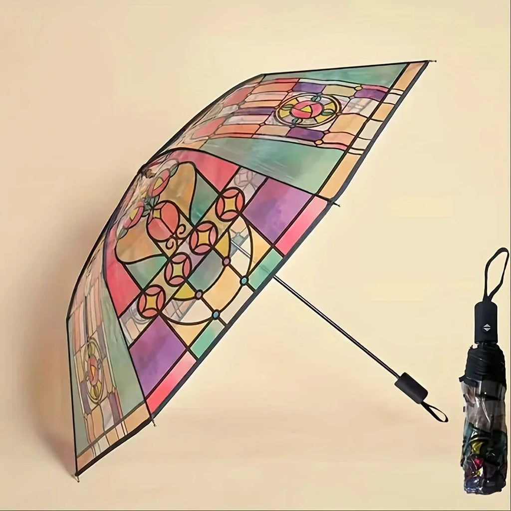 1PC Retro Window Flower Pattern Transparent Umbrella Fully Automatic Opening and Closing Portable Travel Umbrella