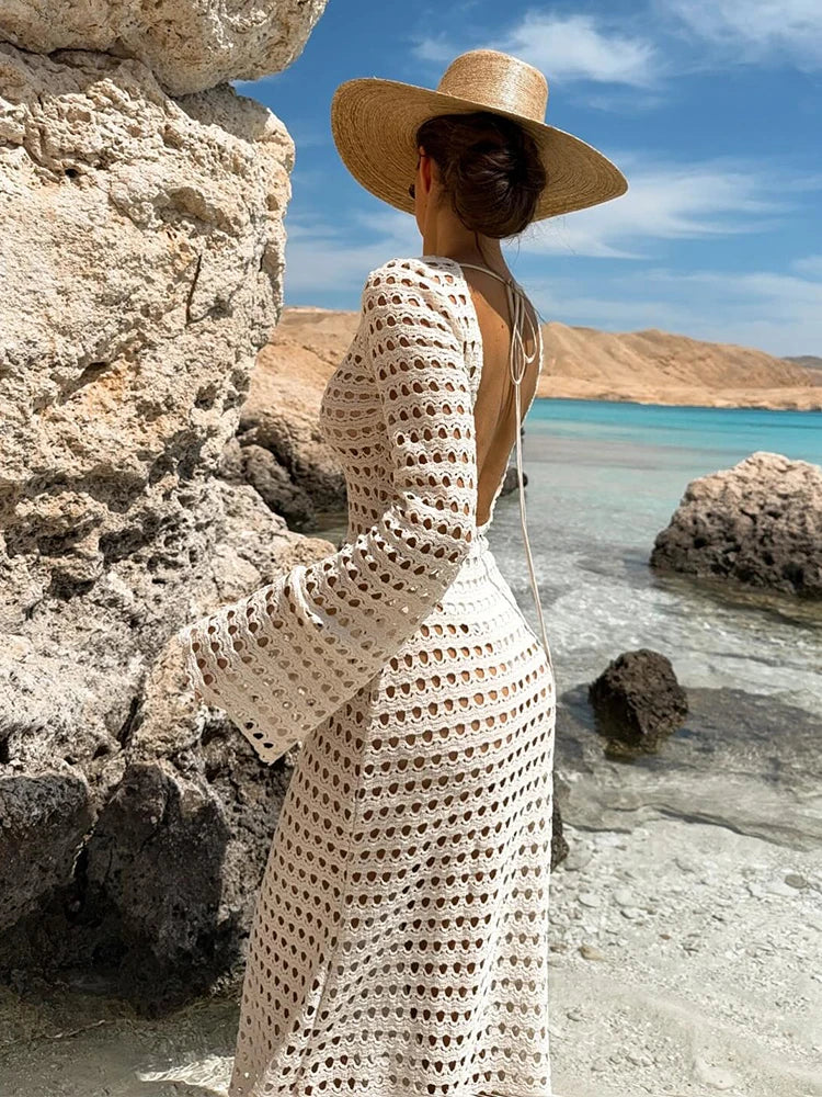 Sexy Knit Mesh Backless Long Bell Sleeve Beach Maxi Dress 2025 Women's Summer Slim Outfits Vacation Swimsuit Cover Up Tunic K205 Luxlife Brands