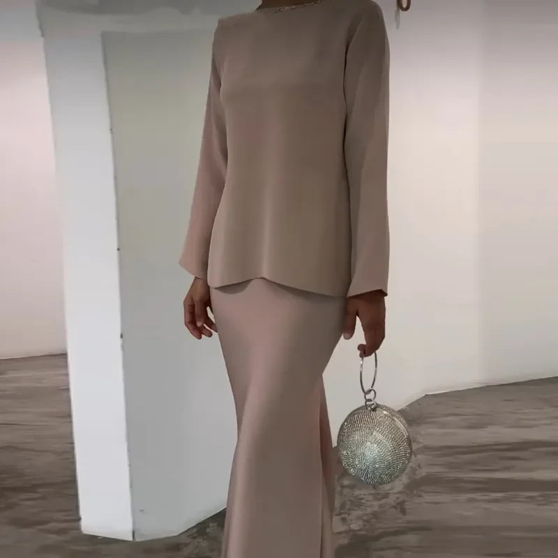 High Fashion Commuting Satin Set Elegant Batwing Sleeve Tops Blouse & Slim Long Skirt Outfits Women Casual Loose Two Piece Suits LUXLIFE BRANDS