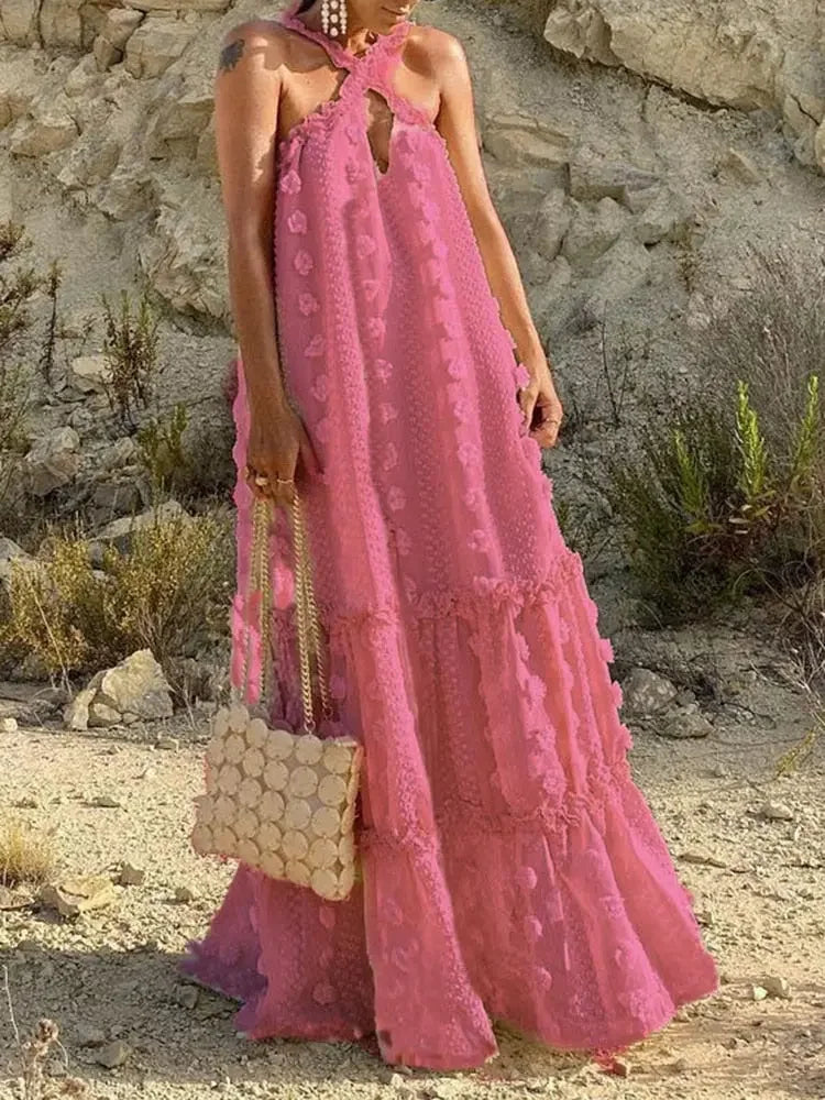 CHICEVER Patchwork Floral Dress For Female Halter Sleeveless Sexy Straight Loose Waist Maxi Dresses Women 2022 Summer Clothing