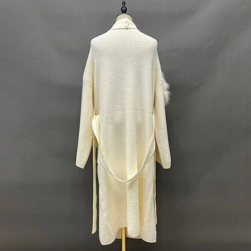 Lady Fashion Sweater Autumn Winter Long Coat 2023 Women's Knitted Cardigan Fox Fur Trim Belt LUXLIFE BRANDS