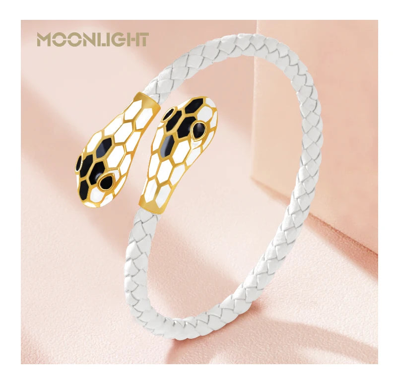 Double Snake Head Cuff Bangles Braided Leather
