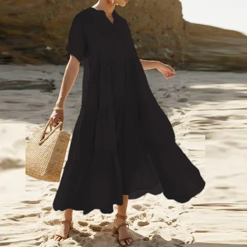 Summer Bohemian Dresses For Women V Neck Casual Long Dress Plus Size Women Elegant Party Dress Solid Maxi Dresses Luxlife Brands